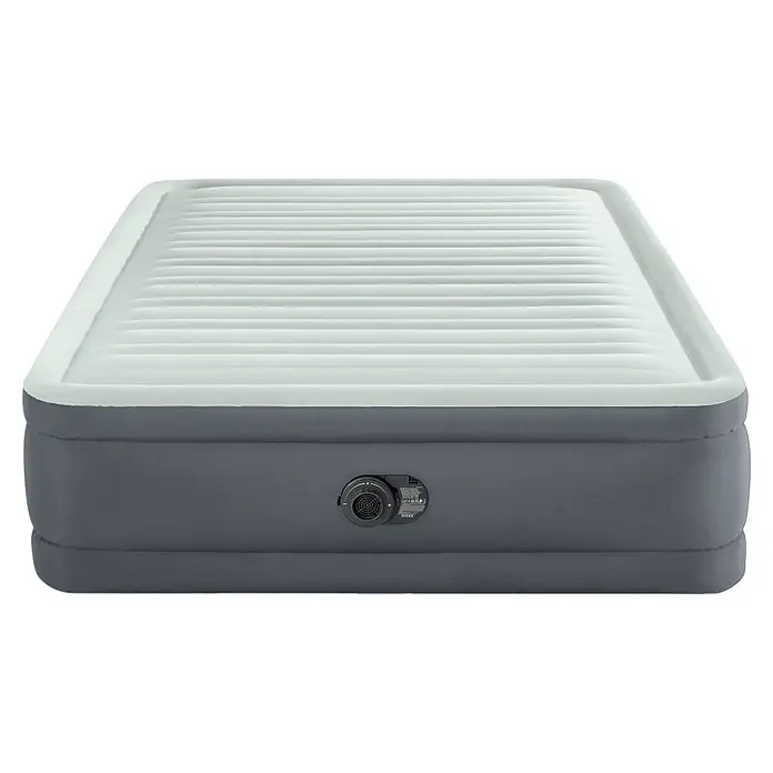 Intex Luftbett PremAire I Queen - L x B x H: 203 x 152 x 46 cm, Grau/Weiß, Ablassventil - Graues und weißes aufblasbares Luftbett mit integrierter Pumpe an der Seite.