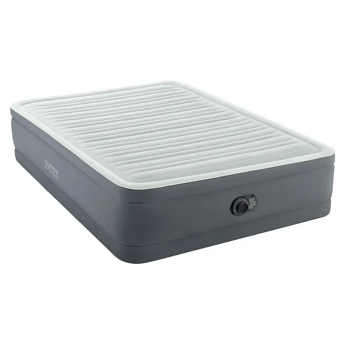 Intex Luftbett PremAire I Queen - L x B x H: 203 x 152 x 46 cm, Grau/Weiß, Ablassventil - Graues aufblasbares Luftbett mit weißer gerippter Oberfläche und integrierter Elektropumpe.