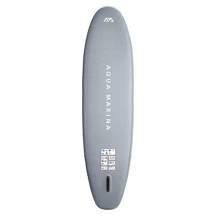 Aqua Marina SUP-Board-Set Glow - L x B x H: 315 x 79 x 15 cm, Grau, Tragkraft: 140 kg - Graues aufblasbares Aqua Marina Stand-Up-Paddleboard mit Logos, "FOLD HERE"-Text und Sicherheitshinweisen.