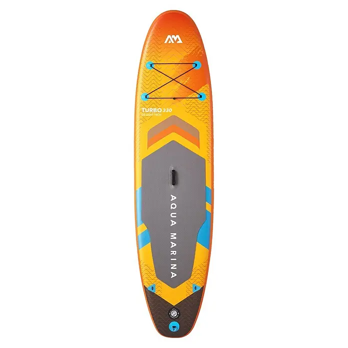 Aqua Marina SUP-Board-Set Turbo 330 - L x B x H: 320 x 81 x 15 cm, Mehrfarbig, Tragkraft: 140 kg - Orange-gelbes aufblasbares Aqua Marina Stand-Up Paddleboard mit grauem Deckpad und schwarzen Spanngummis.