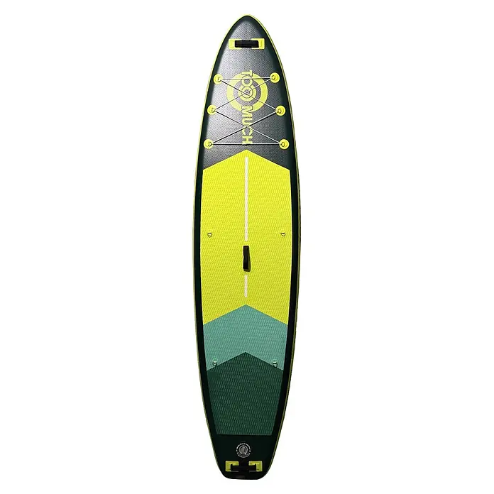 SUP-Board-Set Too Much Motion 10,10" - L x B x H: 331 x 81 x 15 cm, Mehrfarbig, Tragkraft: 160 kg - Blick von oben auf ein schwarz-gelb-türkises Stand-Up-Paddleboard mit strukturierter Oberfläche und Bungee-Seilen.