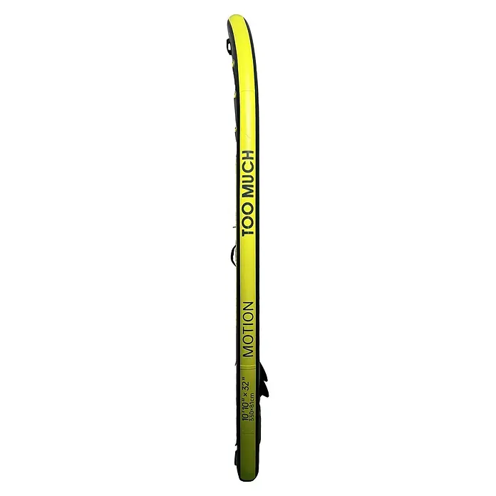 SUP-Board-Set Too Much Motion 10,10" - L x B x H: 331 x 81 x 15 cm, Mehrfarbig, Tragkraft: 160 kg - Gelb-schwarzes aufblasbares Stand-Up-Paddleboard mit "TOO MUCH MOTION" und Maßen 10'10" x 32" / 330x81cm.