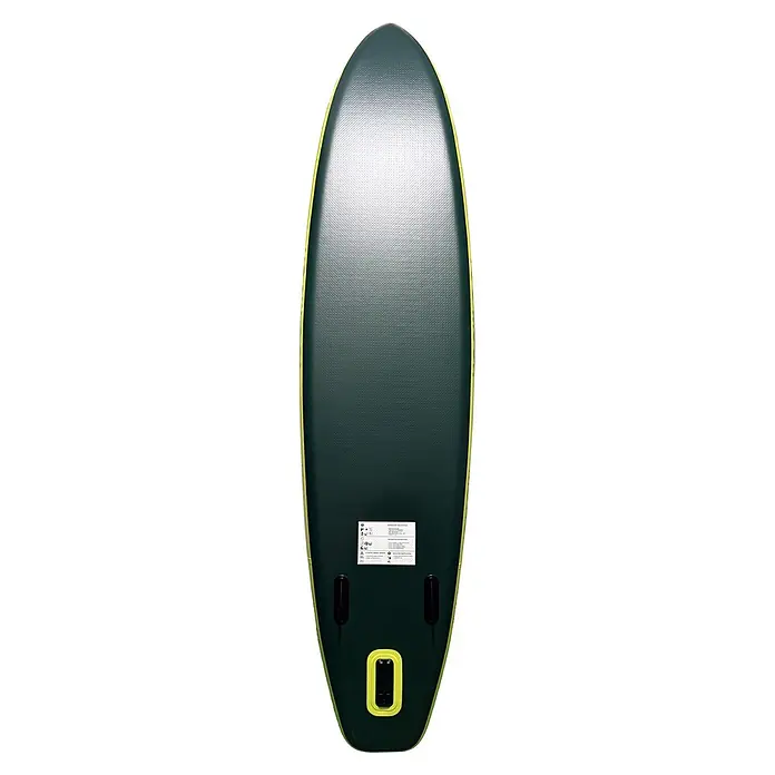 SUP-Board-Set Too Much Motion 10,10" - L x B x H: 331 x 81 x 15 cm, Mehrfarbig, Tragkraft: 160 kg - Dunkelgrünes SUP-Board mit texturierter Oberfläche, leuchtend gelbem Rand, zwei schwarzen Finnen und gelb umrandetem Griff.