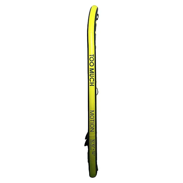 SUP-Board-Set Too Much Motion 10,10" - L x B x H: 331 x 81 x 15 cm, Mehrfarbig, Tragkraft: 160 kg - Gelbes und dunkelgrünes aufblasbares Stand-Up-Paddleboard mit "100 MUCH MOTION"-Text und Maßen.