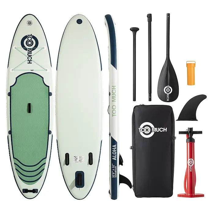 SUP-Board-Set Too Much Aloha 10,6" - L x B x H: 320 x 81 x 15 cm, Tragkraft: 150 kg, Grün - Ein 'TOO MUCH ALOHA' aufblasbares SUP-Set mit hellgrünem und blauem Board, schwarzem Paddel, roter Pumpe, Finne und schwarzer Tragetasche.