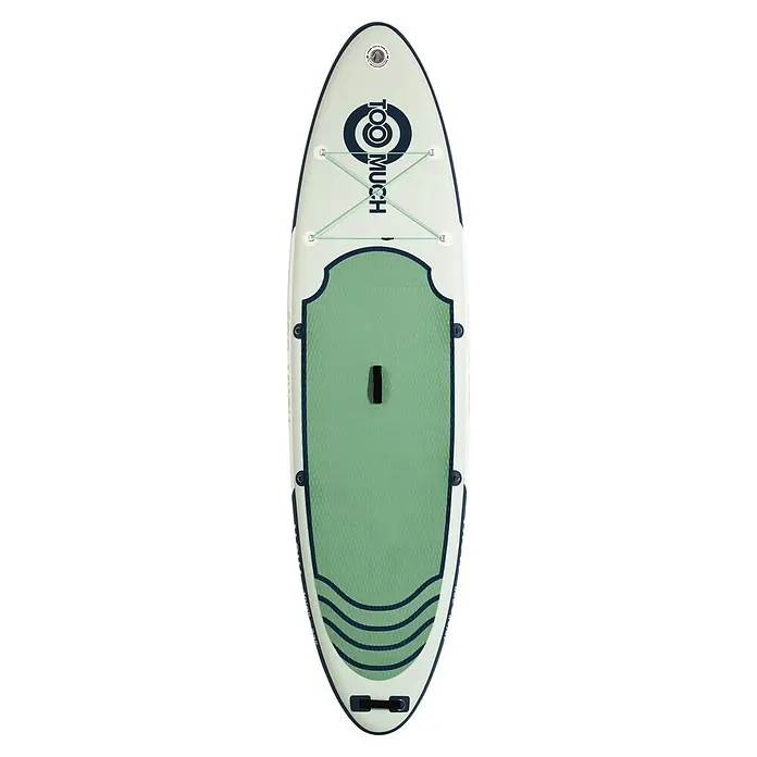 SUP-Board-Set Too Much Aloha 10,6" - L x B x H: 320 x 81 x 15 cm, Tragkraft: 150 kg, Grün - Hellgrünes und beigefarbenes aufblasbares Stand-Up-Paddleboard mit dunkelblauen Akzenten, mintfarbenen Bungee-Seilen und einer strukturierten Deckauflage.