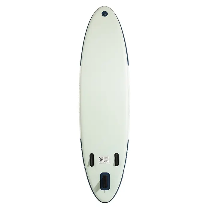 SUP-Board-Set Too Much Aloha 10,6" - L x B x H: 320 x 81 x 15 cm, Tragkraft: 150 kg, Grün - Hellgrünes aufblasbares Paddleboard mit dunkelblauer Umrandung, schwarzen Finnenkästen, einer zentralen Finne und D-Ring, von oben gesehen.
