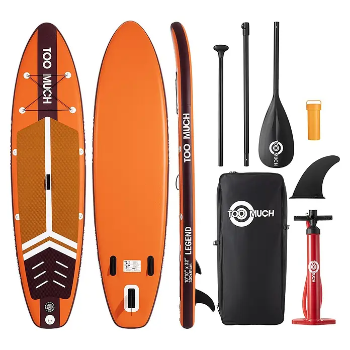 SUP-Board-Set Too Much Legend 10,10" - L x B x H: 330 x 81 x 15 cm, Orange, Tragkraft: 160 kg - Orangefarbenes aufblasbares Stand-Up-Paddleboard mit Paddel, Pumpe, Finne, Tragetasche und wasserdichtem Behälter.