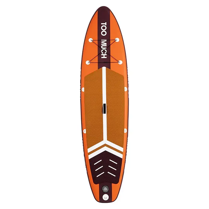 SUP-Board-Set Too Much Legend 10,10" - L x B x H: 330 x 81 x 15 cm, Orange, Tragkraft: 160 kg - Aufblasbares Stand-Up-Paddleboard in Orange, Dunkelrot und Weiß mit strukturierter Deckauflage und Bungee-Stauraum.