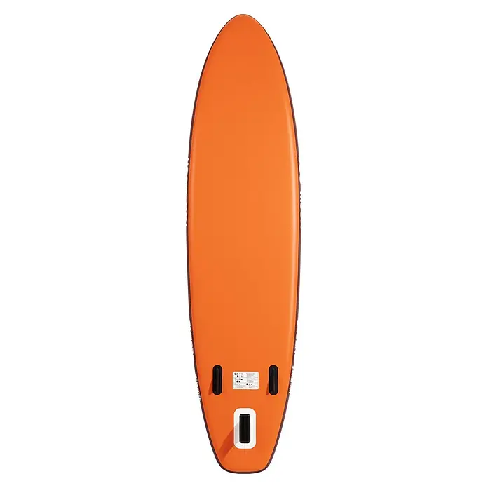 SUP-Board-Set Too Much Legend 10,10" - L x B x H: 330 x 81 x 15 cm, Orange, Tragkraft: 160 kg - Orangefarbene, aufblasbare SUP-Unterseite mit schwarzem Finnenkasten, zwei schwarzen Griffen und weißem Etikett.