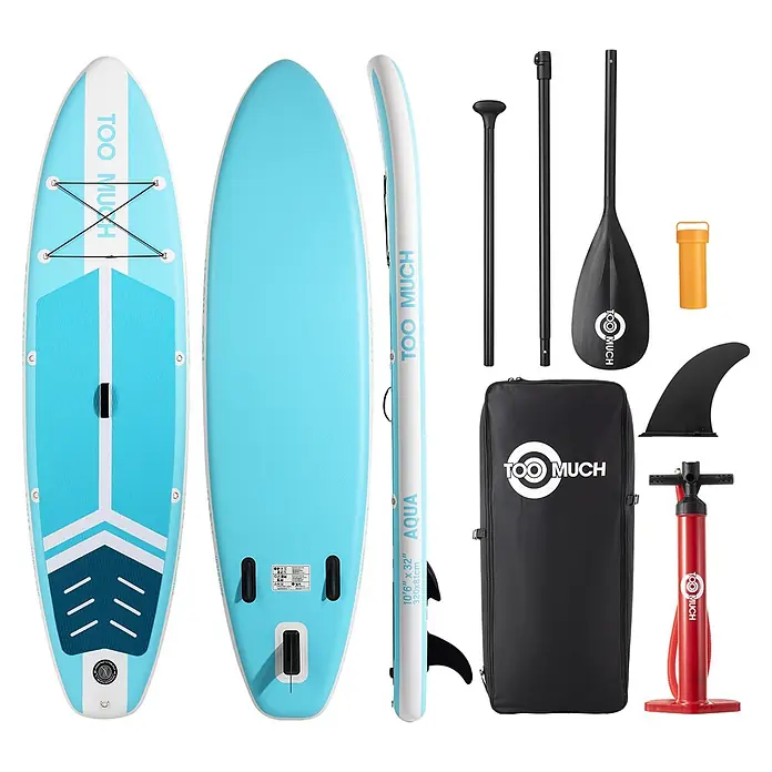 SUP-Board-Set Too Much Soul - L x B x H: 350 x 84 x 15 cm, Tragkraft: 180 kg, Mehrfarbig - Hellblaues aufblasbares Stand-Up-Paddleboard (SUP) mit Paddel, Pumpe, Finne, Tragetasche und Reparaturset.