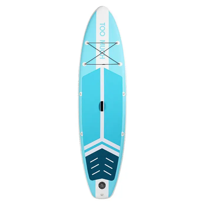 SUP-Board-Set Too Much Soul - L x B x H: 350 x 84 x 15 cm, Tragkraft: 180 kg, Mehrfarbig - Aufblasbares Stand-Up-Paddleboard in Hellblau, Weiß und Dunkelblau, mit strukturierter Deckauflage und Bungee-Seilen.