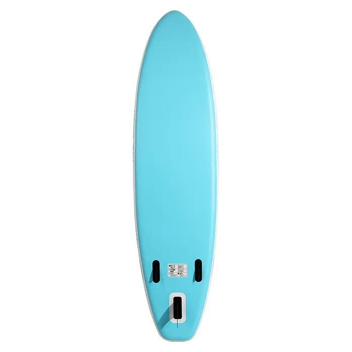 SUP-Board-Set Too Much Soul - L x B x H: 350 x 84 x 15 cm, Tragkraft: 180 kg, Mehrfarbig - Hellblaues aufblasbares Paddleboard mit weißem Rand und drei schwarzen Finnen an der Unterseite.