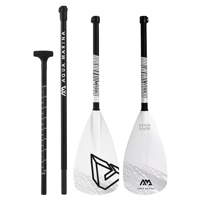 Aqua Marina SUP-Paddel Solid - 1 Stk., 180 cm - 220 cm - Verstellbares schwarz-weißes Stand-Up-Paddle mit Aqua Marina Branding, demontiert und montiert gezeigt.