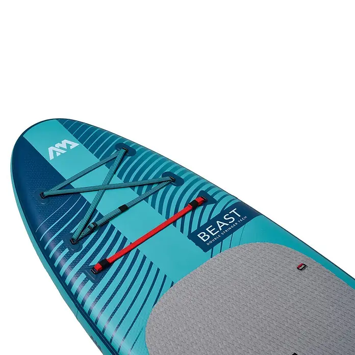 Aqua Marina SUP-Board-Set Beast 10,6" - L x B x H: 320 x 81 x 15 cm, Mehrfarbig, Tragkraft: 140 kg - Aqua Marina Beast aufblasbares Stand-Up Paddleboard in Blau und Türkis mit grauem Deckpad, vorderen Bungeeseilen und rotem Mittelgurt.