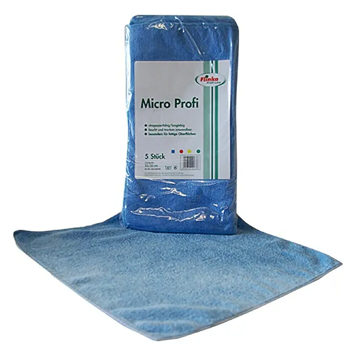 Flinka Profi-Line Mikrofasertuch - 5 Stk., 32 x 32 cm, Blau - Ein Paket blauer Flinka Micro Profi Mikrofasertücher, 5 Stück, eines der Tücher teilweise aus der Verpackung genommen.