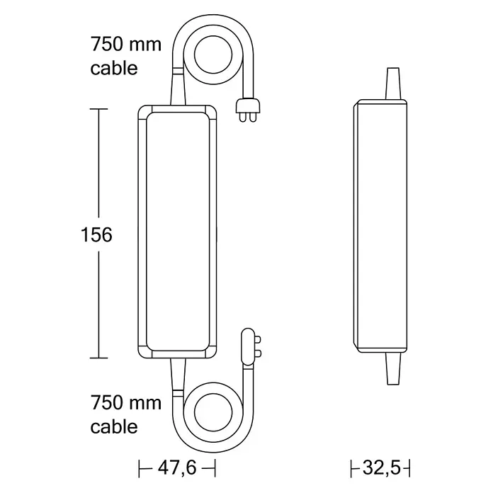 Steinel LED-Trafo 24V-Garten-Lichtsystems - Schwarz, 100 W - Rechteckiges Elektronikgerät mit 750mm Kabeln und Steckern an beiden Enden. Maße: 156x47,6x32,5 mm.