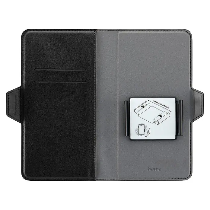 Hama Smartphone-Tasche 00118895 Universal für Handygröße 75 x 153 cm 3 Fächer - Schwarz - Geöffnete schwarz-graue Schutzhülle mit Kartenfächern links und universellem 360°-Gerätehalter rechts für Geräte bis 84 mm.