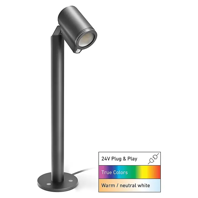 Steinel LED-Gartenstrahler Way SC 24V Garten-Lichtsystems - 363 lm, 1.800 K - 4.000 K, IP65 - Anthrazitfarbener Gartenstrahler auf Stange mit Rundfuß und integriertem Bewegungsmelder. Verstellbarer Zylinderkopf.