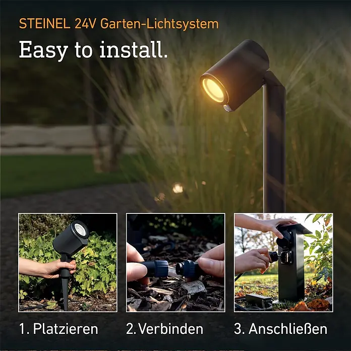 Steinel LED-Gartenstrahler Way SC 24V Garten-Lichtsystems - 363 lm, 1.800 K - 4.000 K, IP65 - Schwarze STEINEL 24V Gartenleuchte, die warmes Licht in einem Garten spendet, mit 3 Installationsschritten: Platzieren, Verbinden, Anschließen.