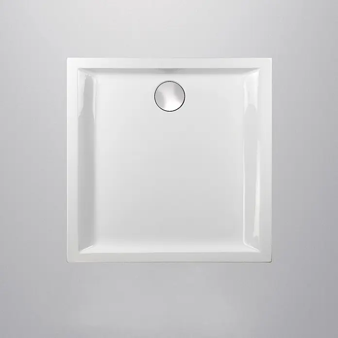 Sanicomfort Duschwannen-Set FORM - L x B: 80 x 80 cm, Kunststoff, Weiß - Weiße, quadratische Duschwanne mit rundem Chromablauf.