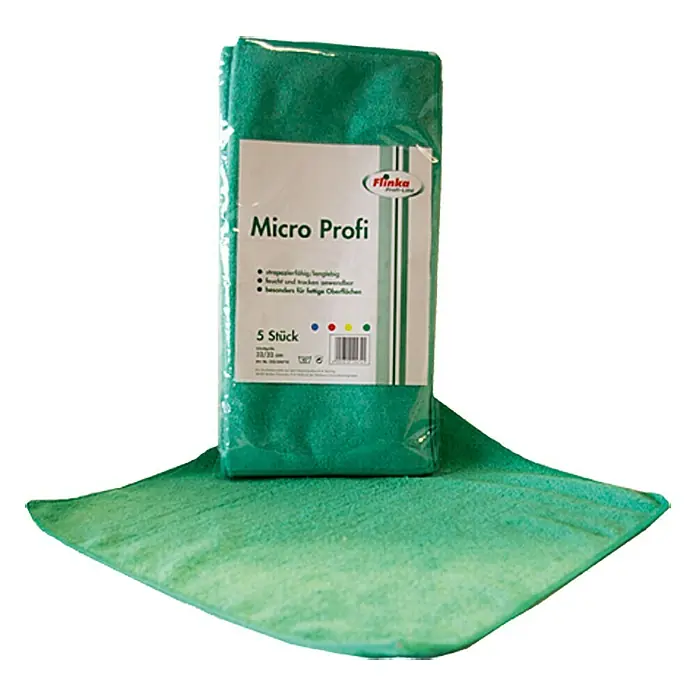 Flinka Profi-Line Mikrofasertuch - 5 Stk., 32 x 32 cm, Grün - Das Bild zeigt eine Packung Micro Profi Reinigungstücher, 5 Stück, in Grün, mit einem einzelnen Tuch darunter ausgebreitet.