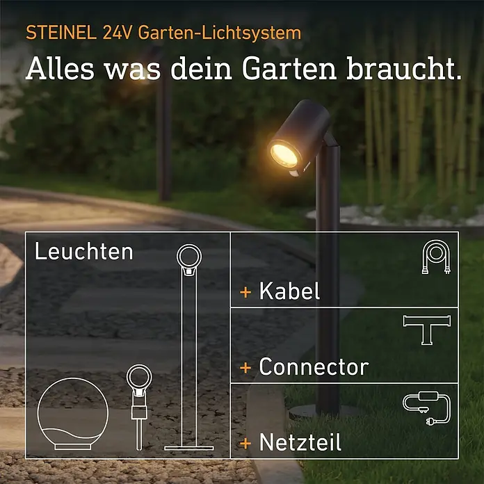Steinel LED-Gartenstrahler Way SC 24V Garten-Lichtsystems - 363 lm, 1.800 K - 4.000 K, IP65 - STEINEL 24V Garten-Lichtsystem mit verschiedenen Leuchten, Kabel, Verbinder und Netzteil für die Gartenbeleuchtung.