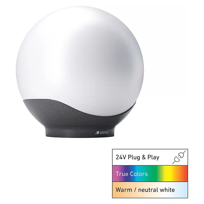 Steinel LED-Außenleuchte Sphera 24V Garten-Lichtsystems - IP65, 40 cm - Steinel kugelförmige Außenleuchte mit weißem, strukturiertem Oberteil und dunkelgrauem Sockel.