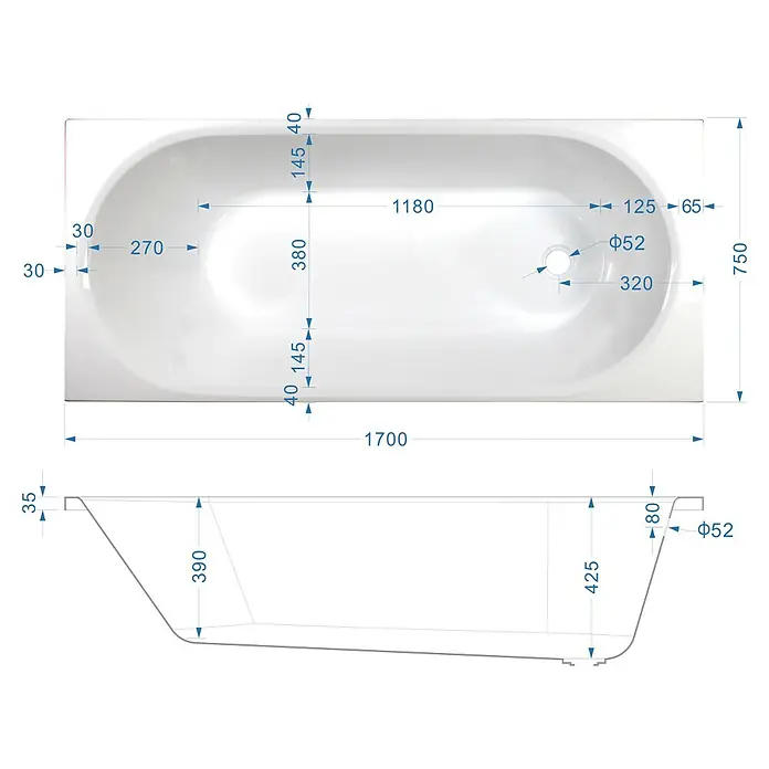 Sanicomfort Badewannen-Set Basic - Weiß, 170 x 75 cm - Weiße Badewanne mit technischen Maßen in Draufsicht und Querschnitt.