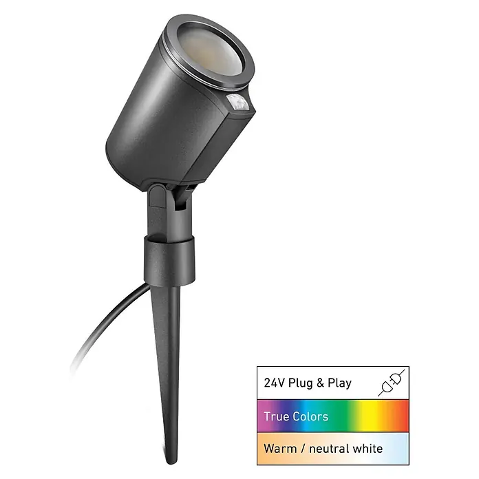 Steinel LED-Gartenstrahler SC Spot 24V Garten Lichtsystem - 363 lm, 1.800 K - 4.000 K, IP65 - Dunkelgrauer Außenstrahler mit verstellbarem Kopf, integriertem Sensor, Erdspieß und Kabel.