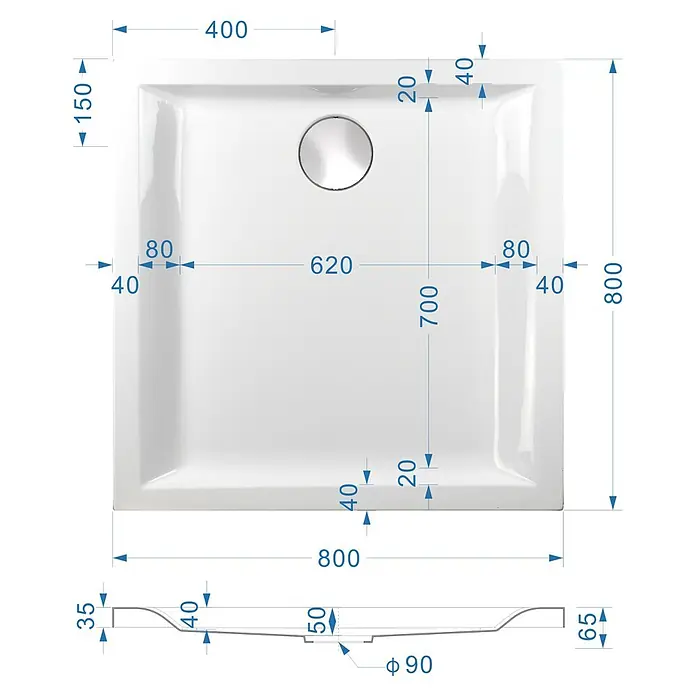 Sanicomfort Duschwannen-Set FORM - L x B: 80 x 80 cm, Kunststoff, Weiß - Weißes quadratisches Duschbecken mit technischen Maßen und zentralem Abfluss.