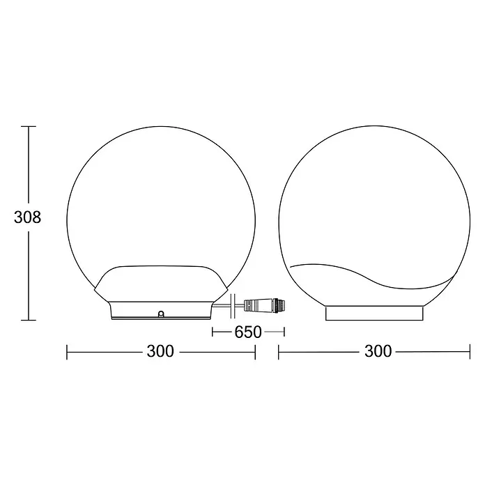 Steinel LED-Außenleuchte Sphera 24V Garten-Lichtsystems - IP65, 30 cm - Technische Zeichnung einer kugelförmigen Außenleuchte mit Maßen: 308mm Höhe, 300mm Breite, 650mm Kabellänge.
