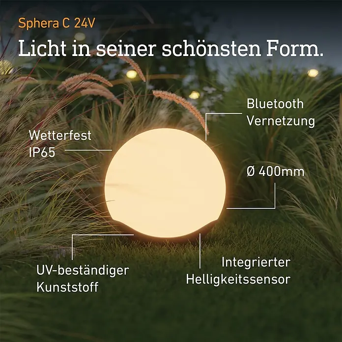 Steinel LED-Außenleuchte Sphera 24V Garten-Lichtsystems - IP65, 40 cm - Leuchtende Sphera C 24V Kugel aus UV-beständigem Kunststoff, mit Bluetooth und Helligkeitssensor.