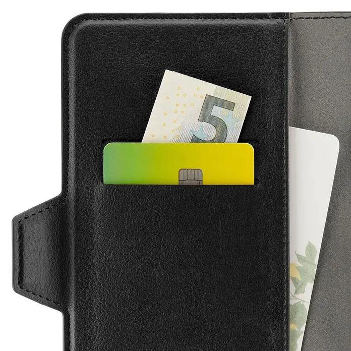 Hama Smartphone-Tasche 00118894 Universal für Handygröße 80 x 170 cm 3 Fächer - Schwarz - Schwarze Kunstleder Handy-Brieftaschenhülle mit einer Bankkarte und einem 5-Euro-Schein.