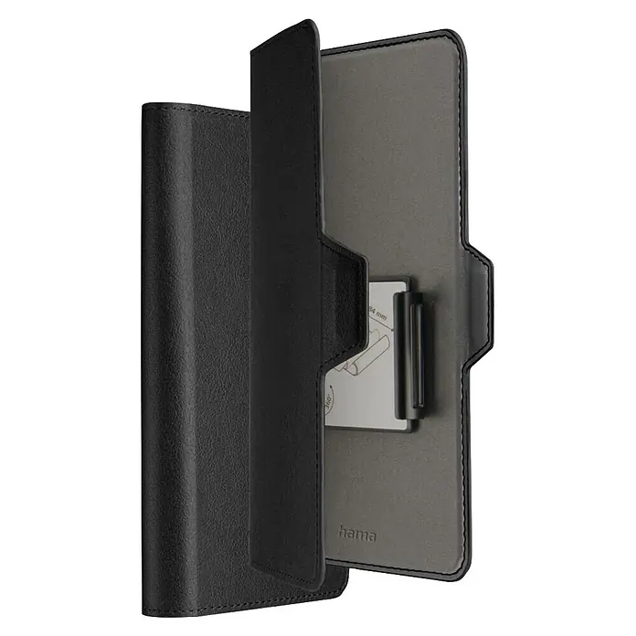 Hama Smartphone-Tasche 00118895 Universal für Handygröße 75 x 153 cm 3 Fächer - Schwarz - Offene schwarze Tablet-Hülle in Lederoptik mit grauem Innenraum und sichtbaren Nähten.