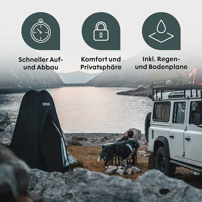 Boxio Zelt Dusche & Toilette - L x B x H: 63,5 x 63,5 x 6 cm, Schwarz - Schwarzes BOXIO Camping-Privatzelt am Seeufer, mit Icons für schnellen Aufbau, Komfort/Privatsphäre und Regenschutz.