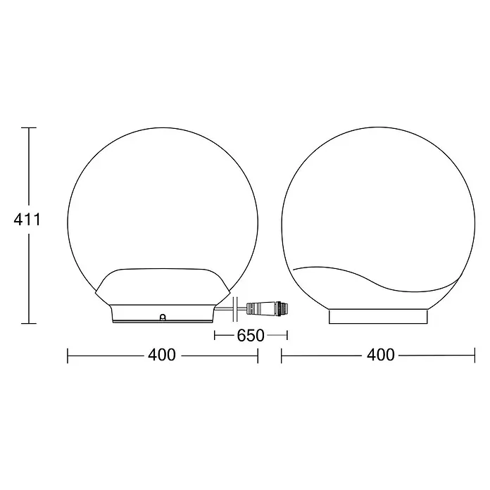 Steinel LED-Außenleuchte Sphera 24V Garten-Lichtsystems - IP65, 40 cm - Technische Zeichnung einer kugelförmigen Außenleuchte mit Sockel, zeigt Abmessungen wie 411mm Höhe und 400mm Durchmesser.