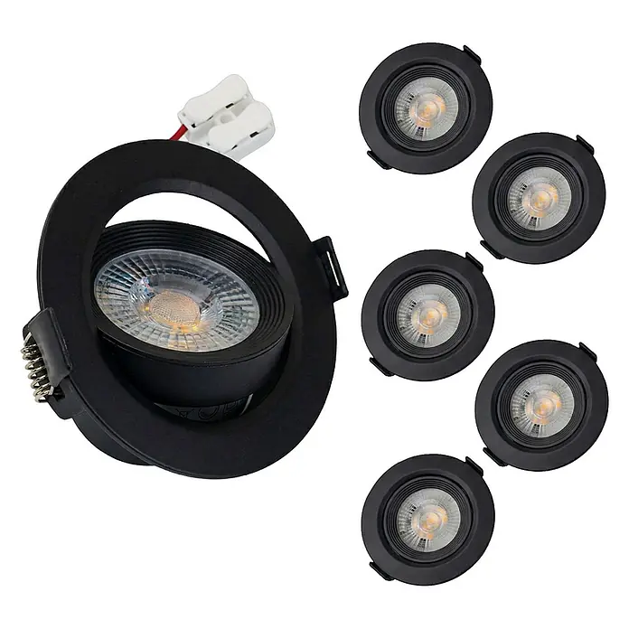 Luxula Wand- & Deckenspot LUXULA LED Downlight schwenkbar Set - 5 W, Ø x H: 9 x 5 cm, Schwarz, Warmweiß - Sechs schwarze Einbaustrahler; einer ist größer, schwenkbar und verkabelt, die anderen sind fest.