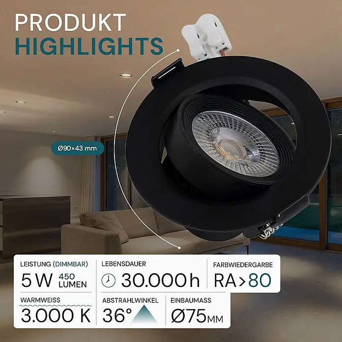 Luxula Wand- & Deckenspot LUXULA LED Downlight schwenkbar Set - 5 W, Ø x H: 9 x 5 cm, Schwarz, Warmweiß - Ein schwarzer, schwenkbarer LED-Einbaustrahler, teilweise in einer modernen Wohnzimmerdecke montiert.