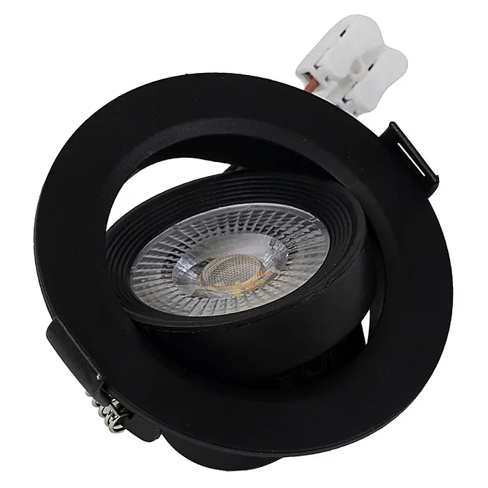 Luxula Wand- & Deckenspot LUXULA LED Downlight schwenkbar Set - 5 W, Ø x H: 9 x 5 cm, Schwarz, Warmweiß - Schwarzer schwenkbarer LED-Einbaustrahler mit weißem Stecker.