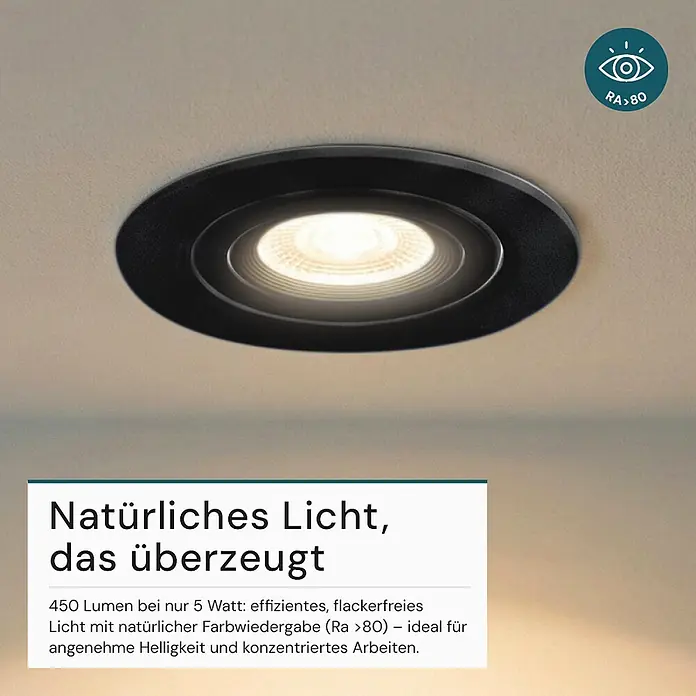 Luxula Wand- & Deckenspot LUXULA LED Downlight schwenkbar Set - 5 W, Ø x H: 9 x 5 cm, Schwarz, Warmweiß - Schwarzer runder Einbaustrahler in der Decke, hell leuchtend, mit Farbwiedergabe Ra>80.