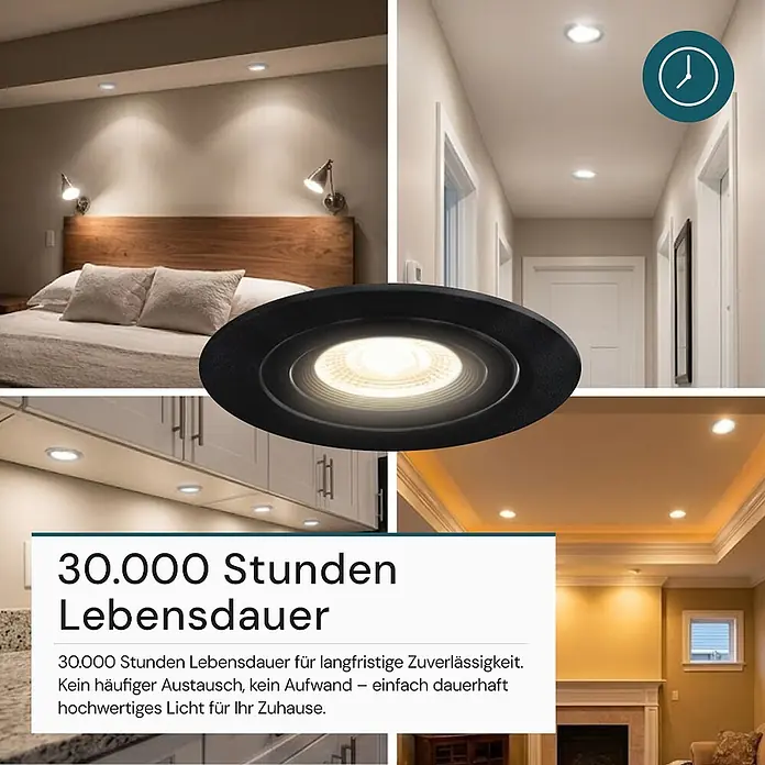 Luxula Wand- & Deckenspot LUXULA LED Downlight schwenkbar Set - 5 W, Ø x H: 9 x 5 cm, Schwarz, Warmweiß - Schwarzer Einbaustrahler in verschiedenen Wohnbereichen gezeigt, mit Fokus auf 30.000 Stunden Lebensdauer für dauerhafte Beleuchtung.
