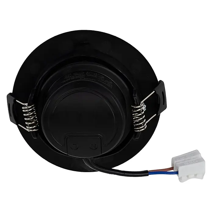 Luxula Wand- & Deckenspot LUXULA LED Downlight schwenkbar Set - 5 W, Ø x H: 9 x 5 cm, Schwarz, Warmweiß - Rückansicht einer schwarzen Einbau-LED-Downlight mit Federklammern zur Installation und einem elektrischen Anschluss mit blauen und braunen Kabeln.