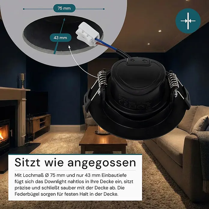 Luxula Wand- & Deckenspot LUXULA LED Downlight schwenkbar Set - 5 W, Ø x H: 9 x 5 cm, Schwarz, Warmweiß - Schwarzer LED-Einbaustrahler (75mm Lochmaß, 43mm Einbautiefe) in einer Decke, zeigt passgenauen Sitz.
