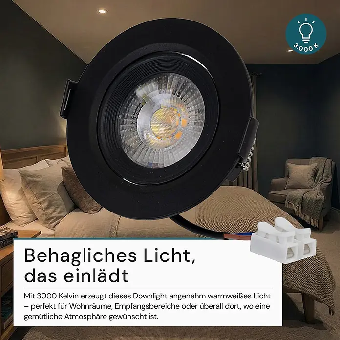 Luxula Wand- & Deckenspot LUXULA LED Downlight schwenkbar Set - 5 W, Ø x H: 9 x 5 cm, Schwarz, Warmweiß - Schwarzes LED-Einbaudownlight spendet warmes 3000K Licht, mit Stecker in Wohnraum-Umgebung.