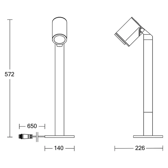 Steinel LED-Gartenstrahler Way C 24V Garten-Lichtsystems - 363 lm, 1.800 K - 4.000 K, IP65 - Technische Zeichnung einer modernen, verstellbaren LED-Leuchte mit Maßangaben.
