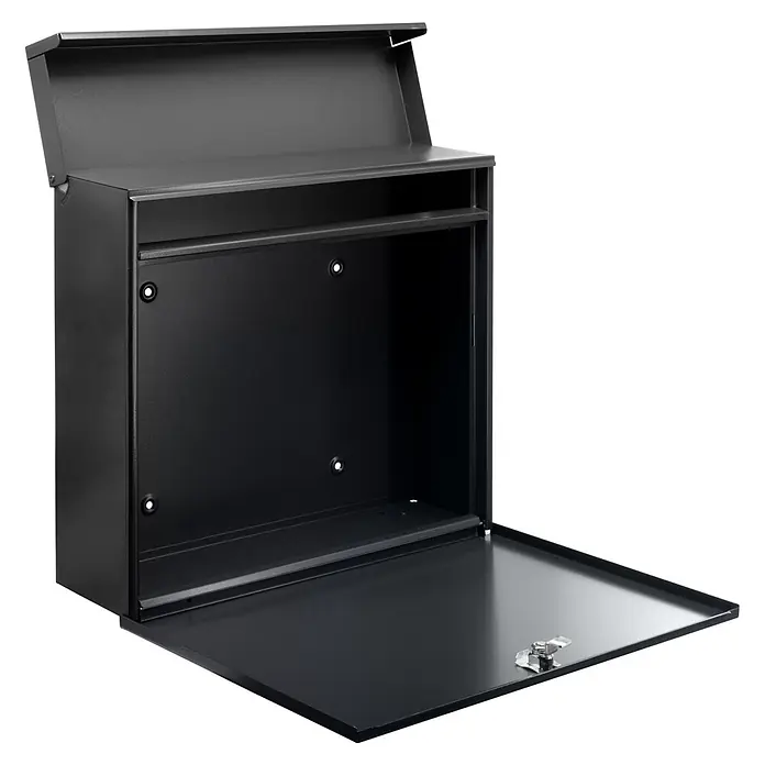 Burg Wächter Wandbriefkasten Kubus 6240 LB - L x B x H: 11 x 36,4 x 32,6 cm, Stahl, Schwarz - Offener dunkelgrauer Metallbriefkasten mit Schlüsselschloss, der sein leeres Inneres zeigt.