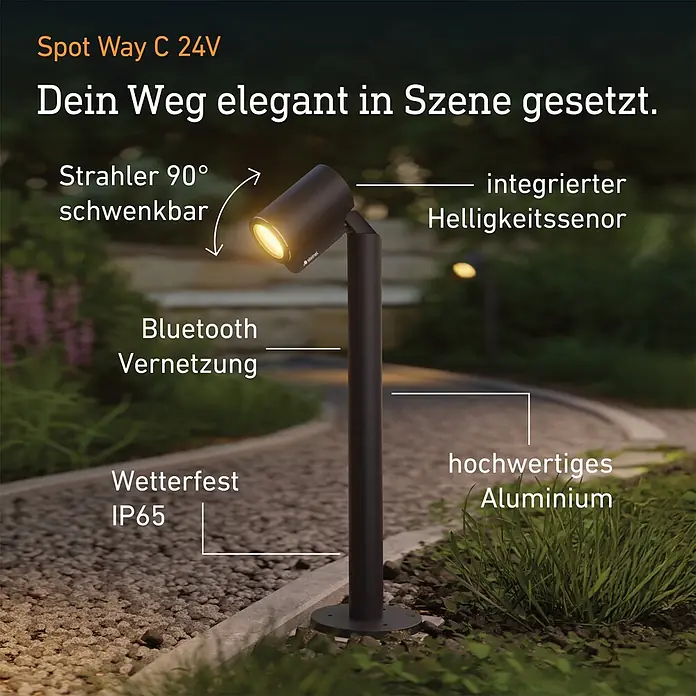 Steinel LED-Gartenstrahler Way C 24V Garten-Lichtsystems - 363 lm, 1.800 K - 4.000 K, IP65 - Schwarzer Aluminium-Gartenstrahler mit 90° schwenkbarem Kopf und IP65, beleuchtet einen Weg.
