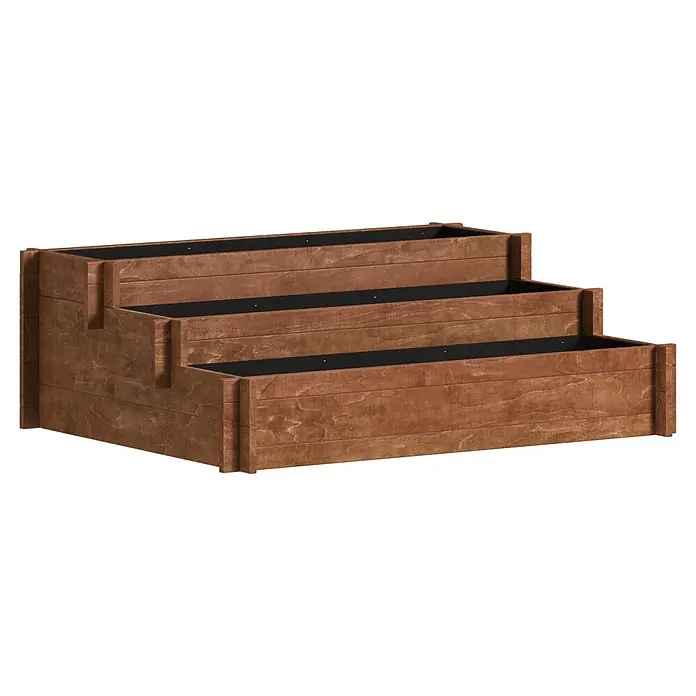 Dobar Hochbeet Peru - 110 x 88 x 36 cm, Holz, Bernstein - Ein dreistufiges braunes Hochbeet oder Pflanzgefäß aus Holz mit einzelnen Pflanzbereichen.