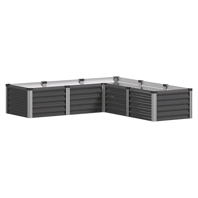 Vitavia Hochbeet Meta In&Out 401 - 185 x 185 x 40 cm, Zincalume®, Granit/Silber - L-förmiges Hochbeet aus dunkelgrauem Wellblech mit silbernen Pfosten und dunklen Kappen.